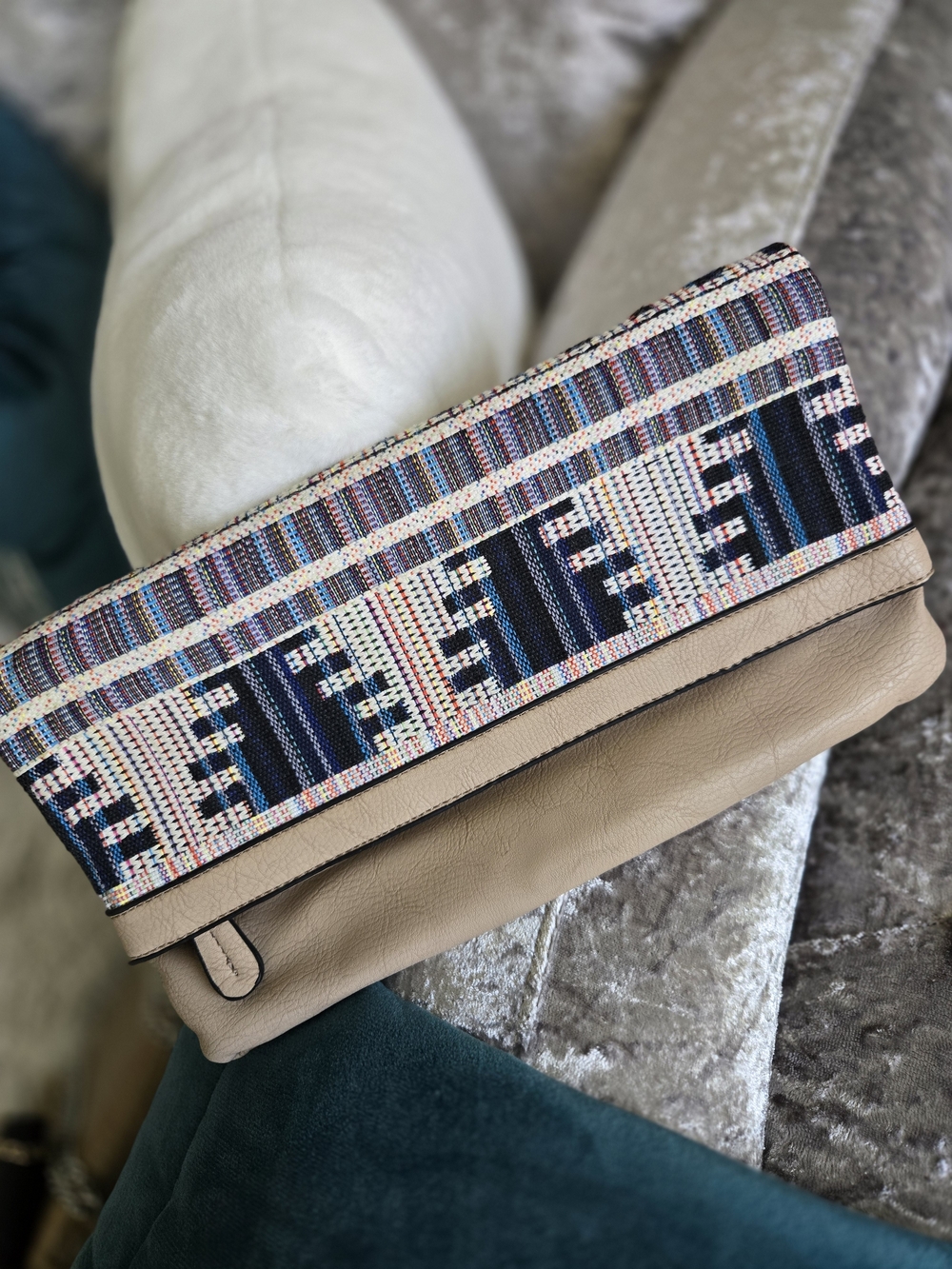 Aztec Leather Clutch with Multicolor Woven Accent